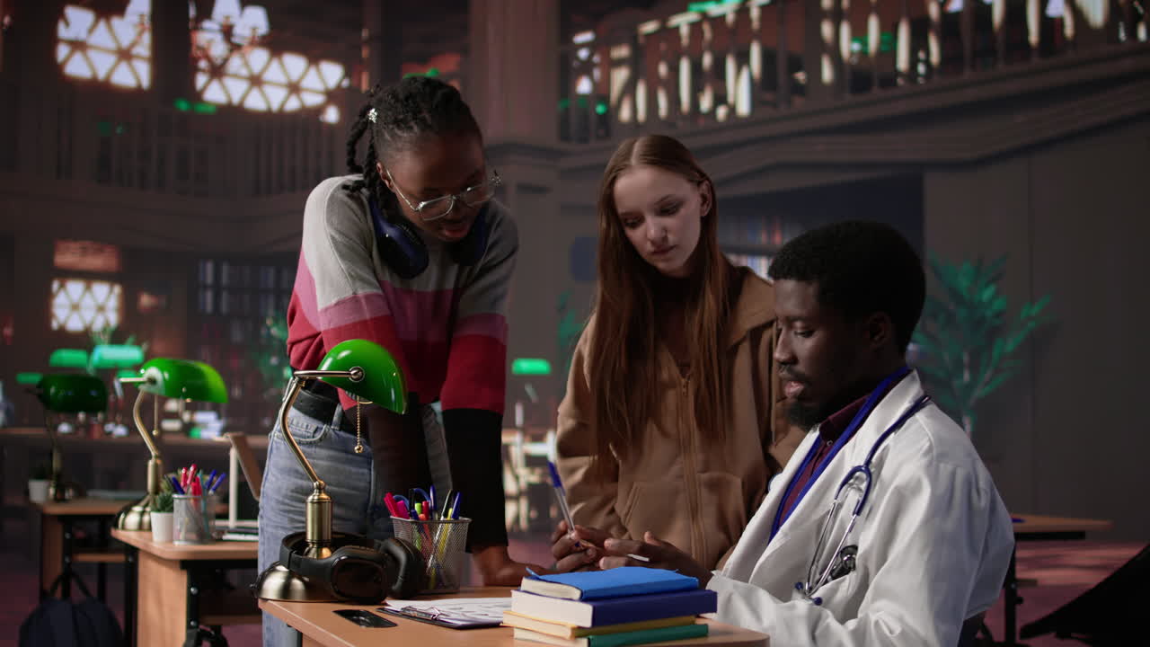 Vertical video diverse group of pupils in a library discuss with a medic resident