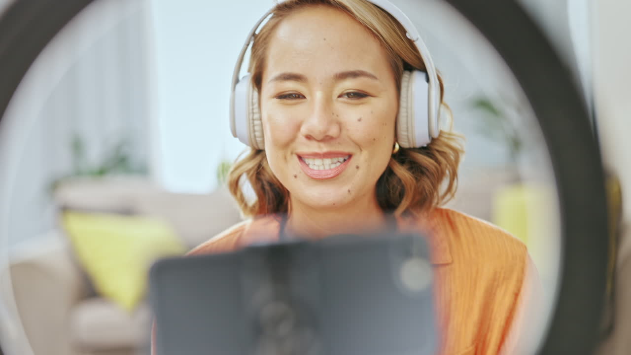 Media, podcast and smile, asian woman streaming