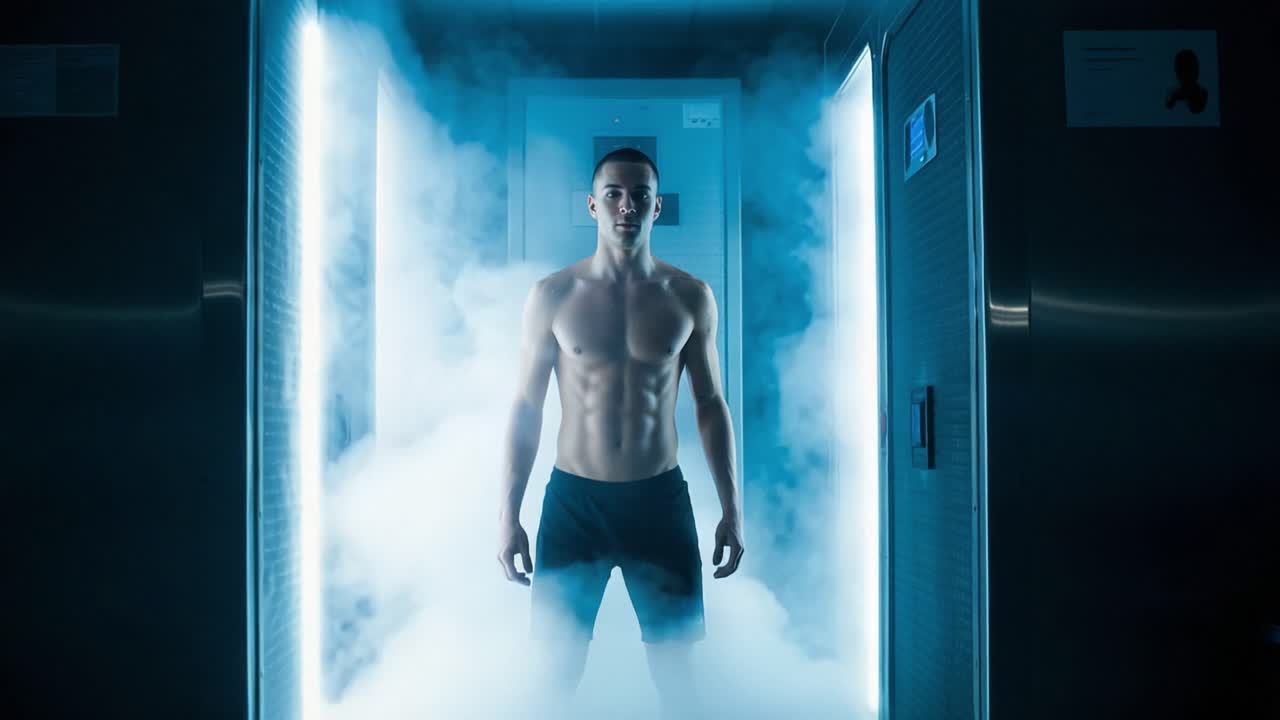 Un individuo in forma esce da una camera di crioterapia circondato dalla nebbia, mostrando forza fisica e resilienza in un ambiente unico