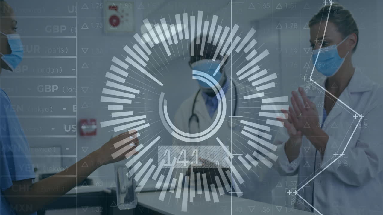 In hospital, medical professionals discussing digital data processing animation together
