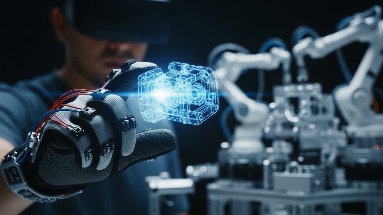 An innovative blend of advanced robotics and virtual technology, showcasing a human operator wearing a VR headset while interacting with an intricate robotic arm through a high-tech glove that enables precise control