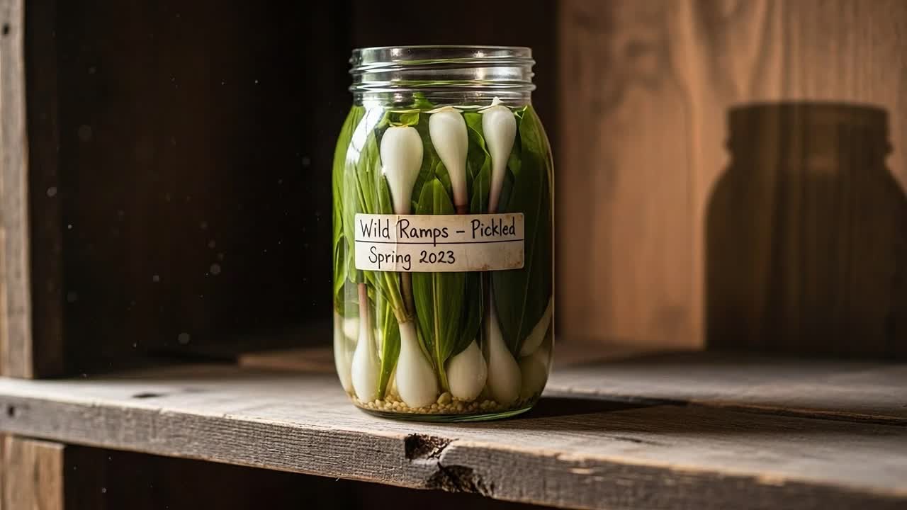 A Close-Up View of Pickled Wild Ramps in Jars Displayed on a Rustic Wooden Shelf, Capturing the Essence of Spring 2023 and Seasonal Preservation Techniques