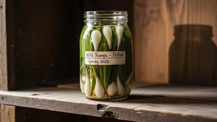 A Close-Up View of Pickled Wild Ramps in Jars Displayed on a Rustic Wooden Shelf, Capturing the Essence of Spring 2023 and Seasonal Preservation Techniques
