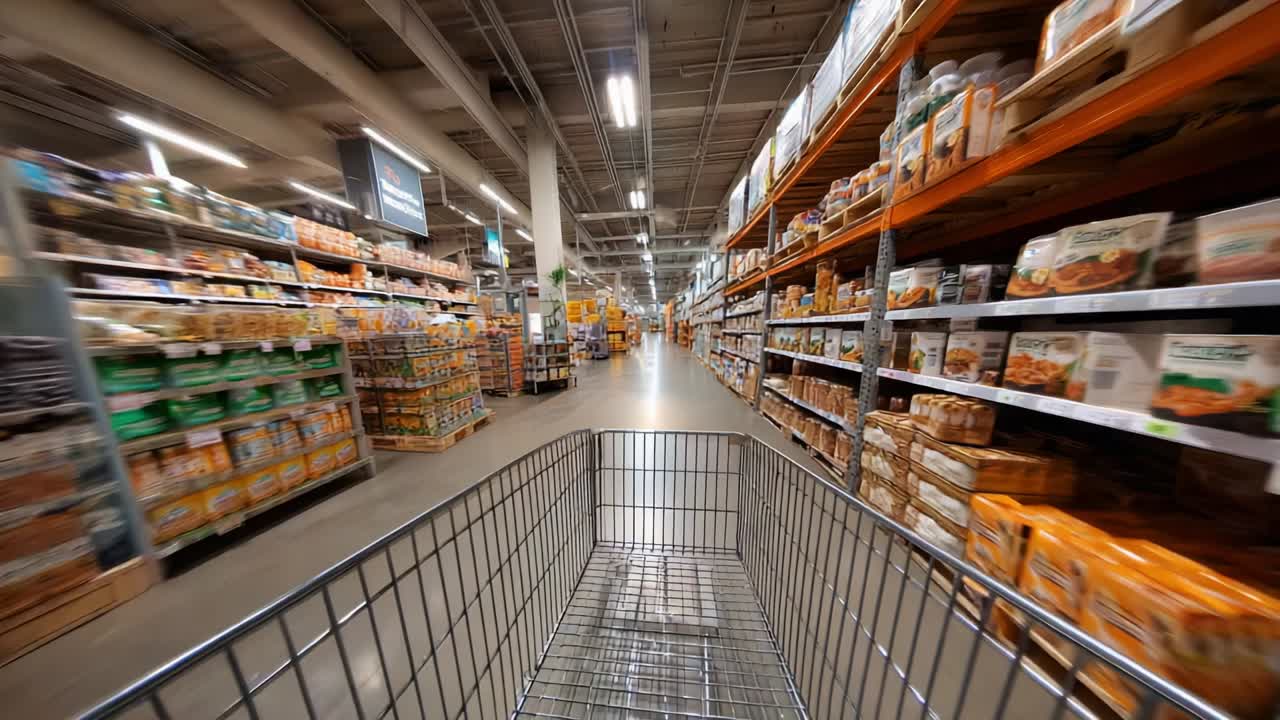 Exploring the Aisles of a Supermarket: Captivating Visual Journey Through a Well-Stocked Grocery Store with a Shopping Cart at the Forefront, Showcasing Abundant Products and Bright Lighting