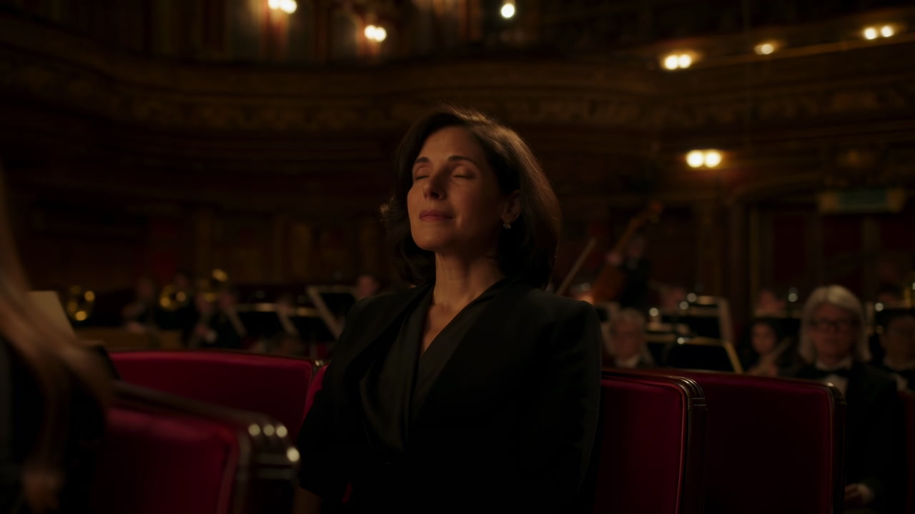 White Woman Seated In Ornate Theater Watching Orchestra With Serene Expression, Eyes Closed, Red Velvet Seats,