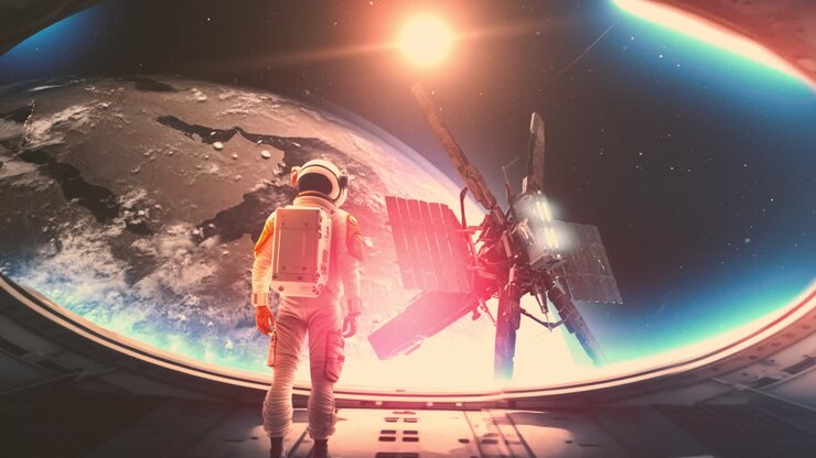 astronauta vê a terra e a estação espacial da janela da nave espacial