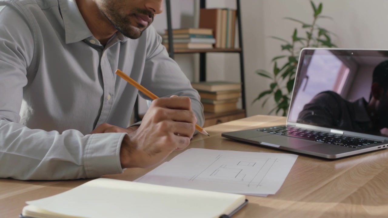 Picking up pencil man in gray shirt filling forms at home desk, laptop reflecting face