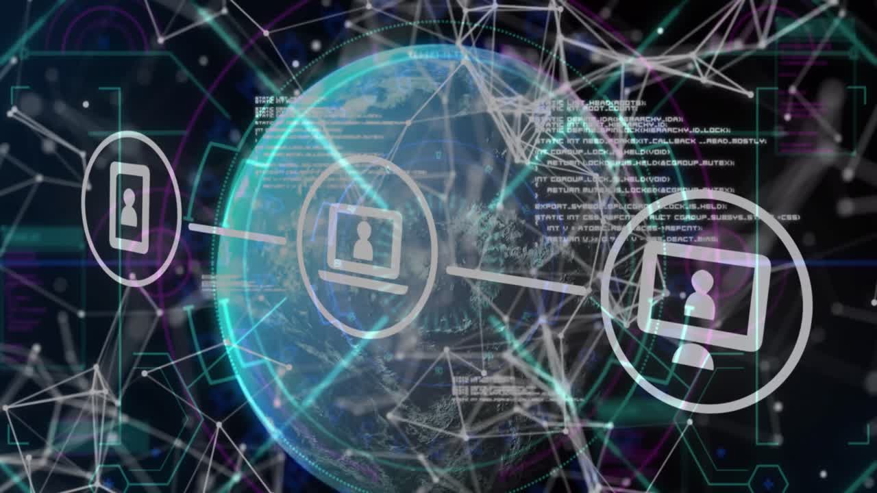 animación de iconos conectados sobre puntos conectados y lenguaje informático contra el globo