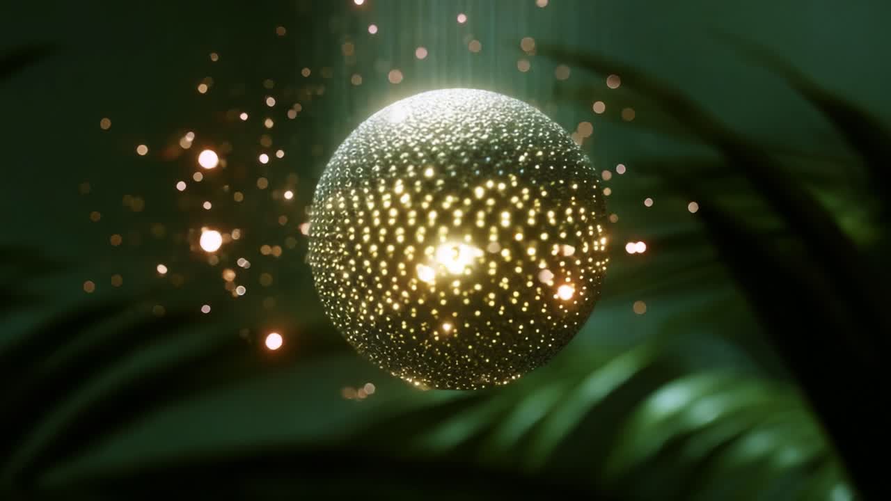 A mesmerizing floating sphere radiates golden light through a lush green backdrop, creating an enchanting atmosphere filled with shimmering particles and ethereal beauty, capturing the essence of tranquility and wonder