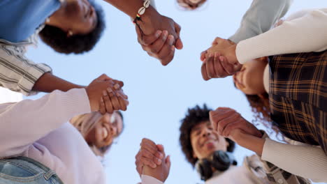 Students, holding hands and team with friends