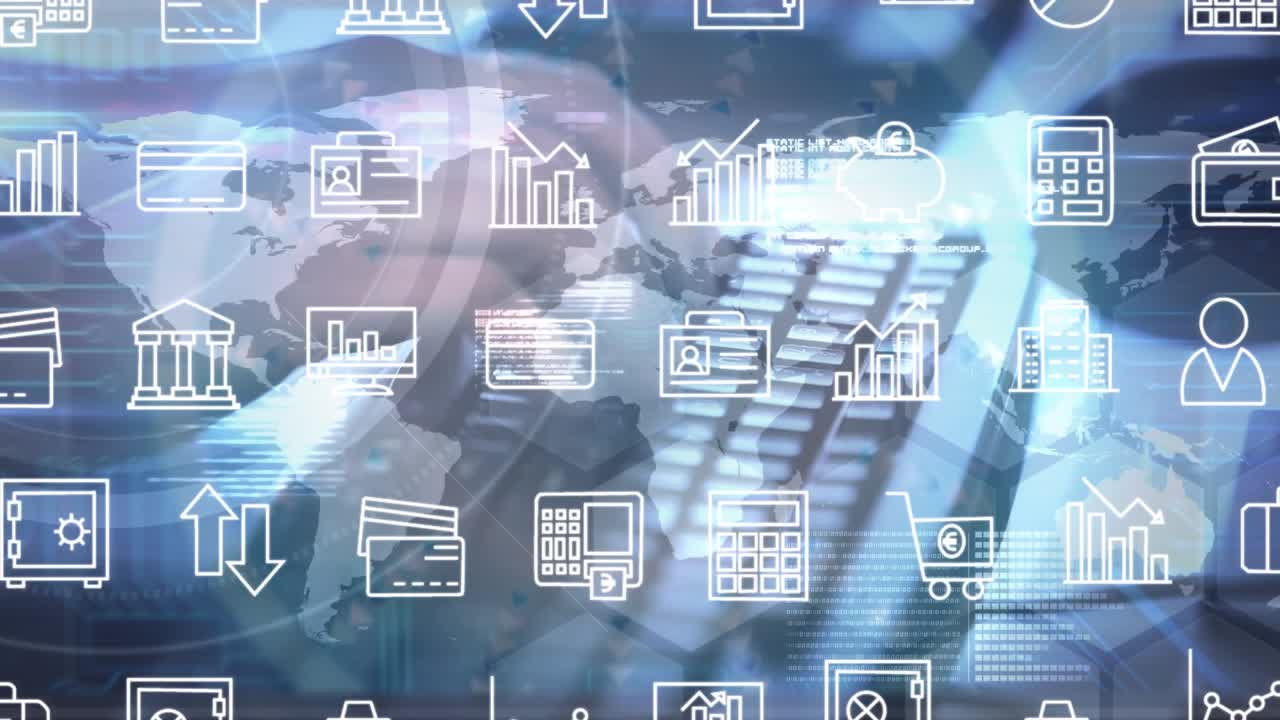 Animation of data processing and business icons over hands using computer