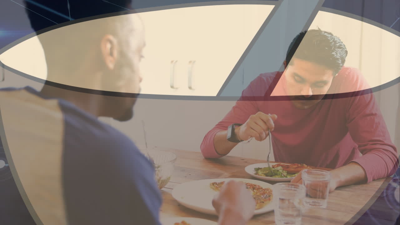 Animation of shapes and network of connections over diverse male couple eating dinner