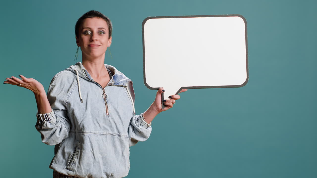 Woman holding blank speech bubble