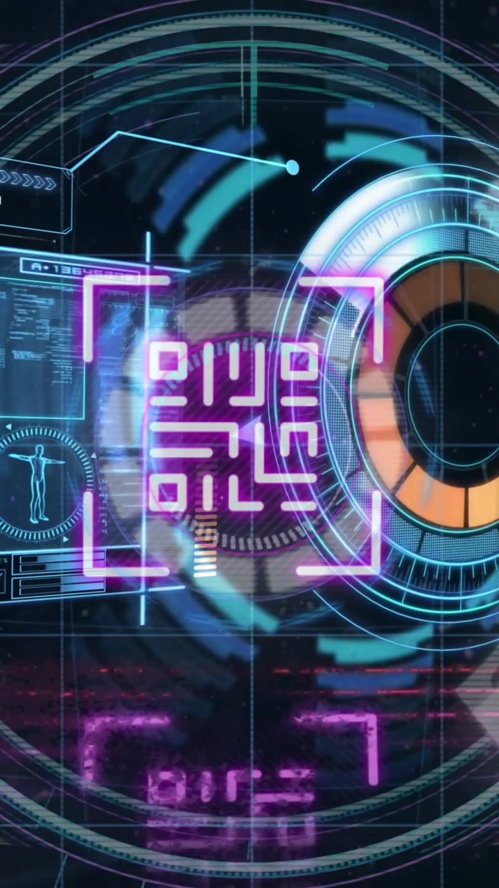 Animation af 3D menneskehoved, stregkode, datascanning, HUD-behandling på digital grænseflade