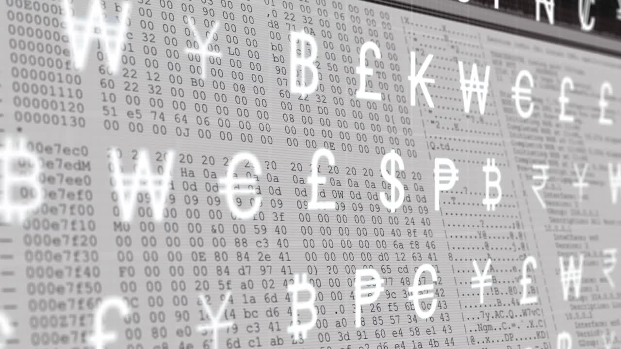 Animation of multiple currency symbols moving over data processing on computer screen