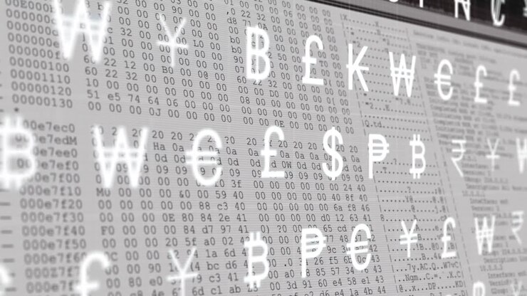 Animation of multiple currency symbols moving over data processing on computer screen