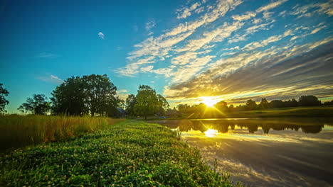 fusion time lapse from early morning sunrise to sunset of rural lake and small wooden home