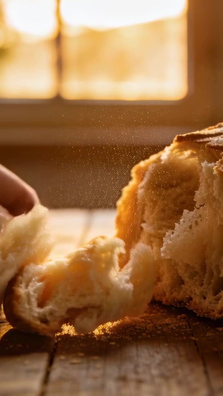 Vertical video: Hand pinching loaf on wood table, sunlit crust and crumbs showing, portioning food