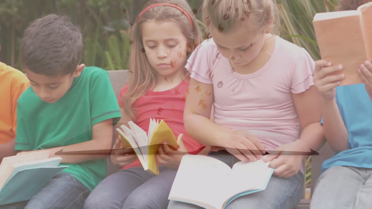 Animazione di un libro che si apre su bambini che leggono libri su una panchina