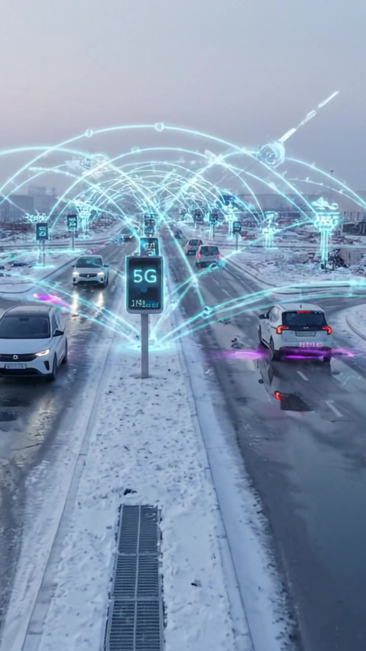 Vista aerea di un incrocio invernale con veicoli che percorrono strade innevate, con ologrammi 5G futuristici visibili che guidano il traffico.