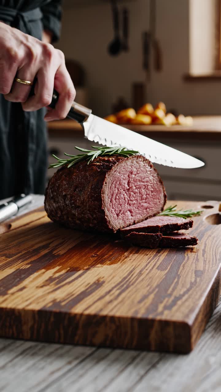 Chef Slicing Delicious Roast Beef with Rosemary on a Wooden Board