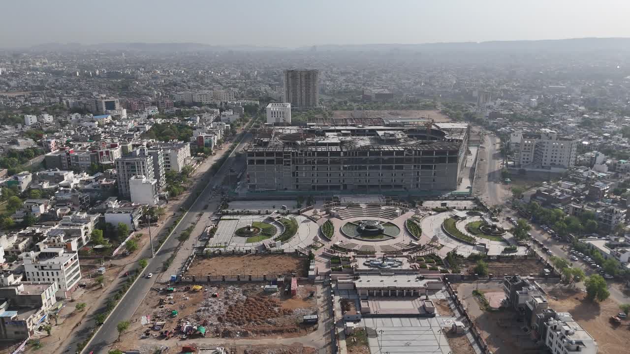 Aerial perspective of Jaipur's busy roads and residential blocks.