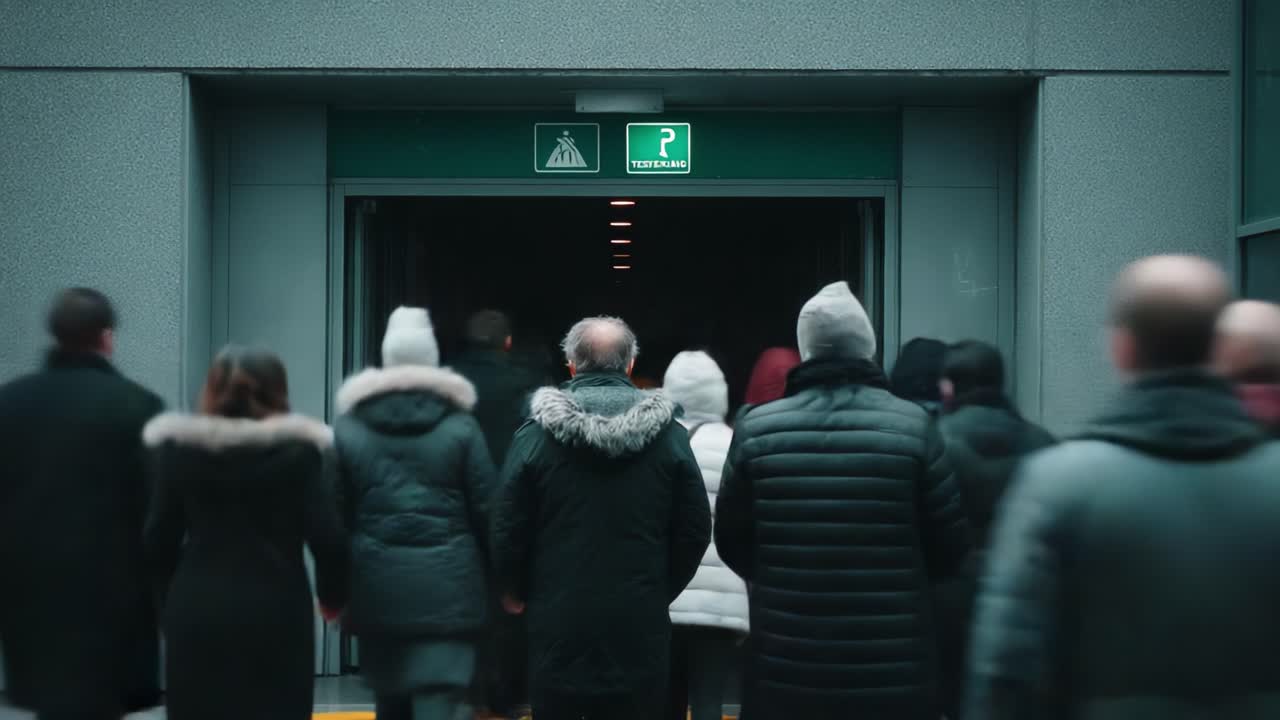 A Thriving Crowd Exiting Through an Emergency Exit, Illustrating the Movement and Flow of People in a Modern Urban Environment