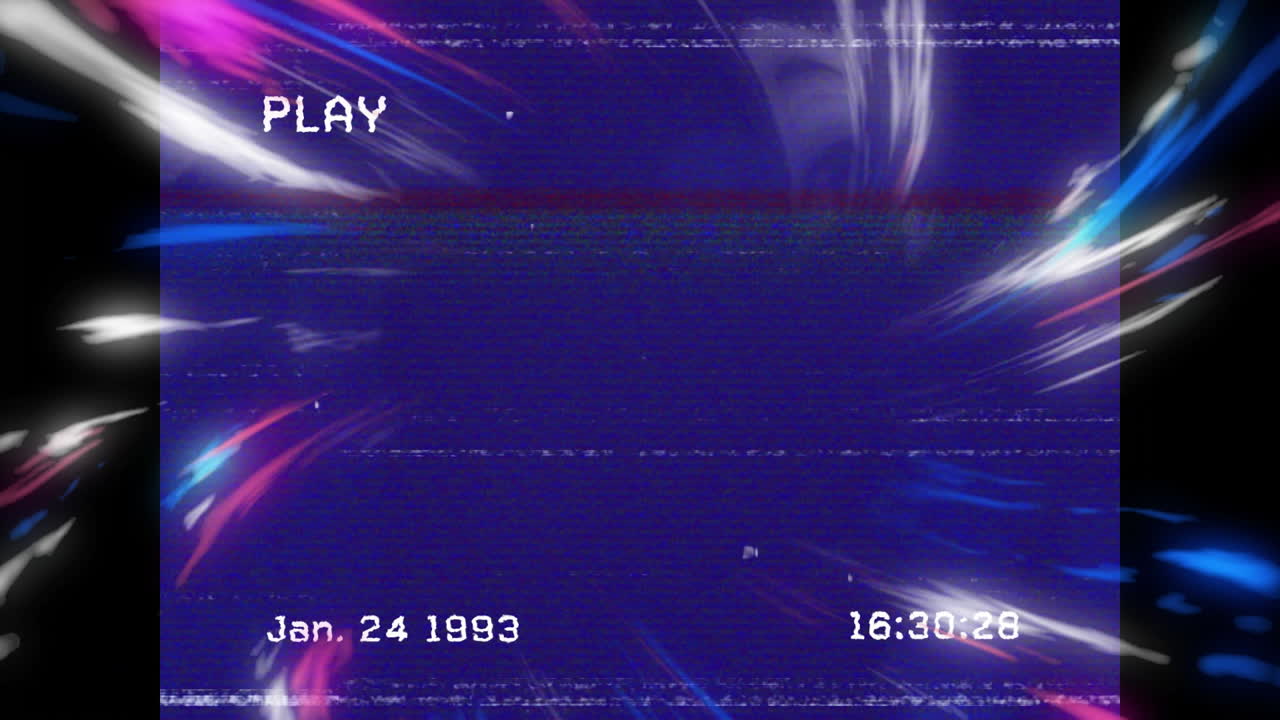 Retro VHS playback interface glitching with scan lines, colorful light streaks, date time stamps