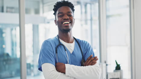 happy black man, doctor and arms crossed