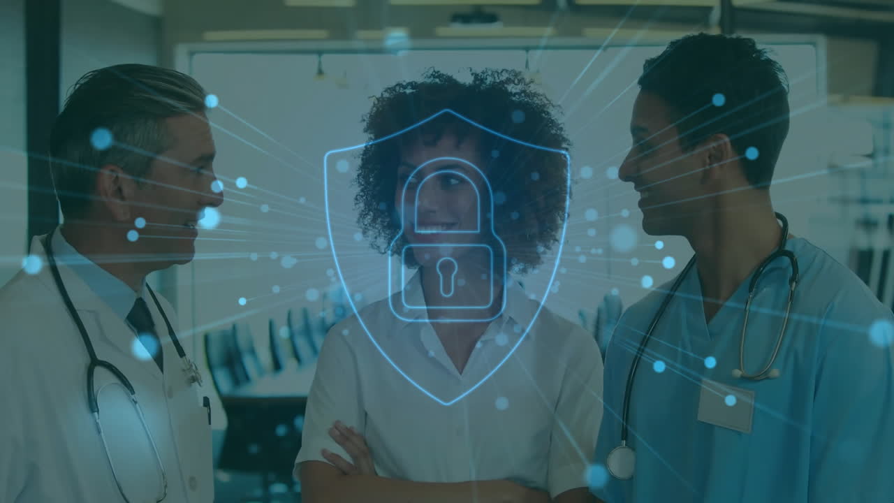 animación del icono del candado con puntos de luz sobre diversos médicos en el hospital