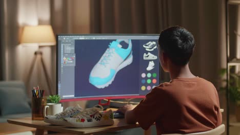 diseñador de zapatos asiático se estira después de trabajar en un escritorio en casa