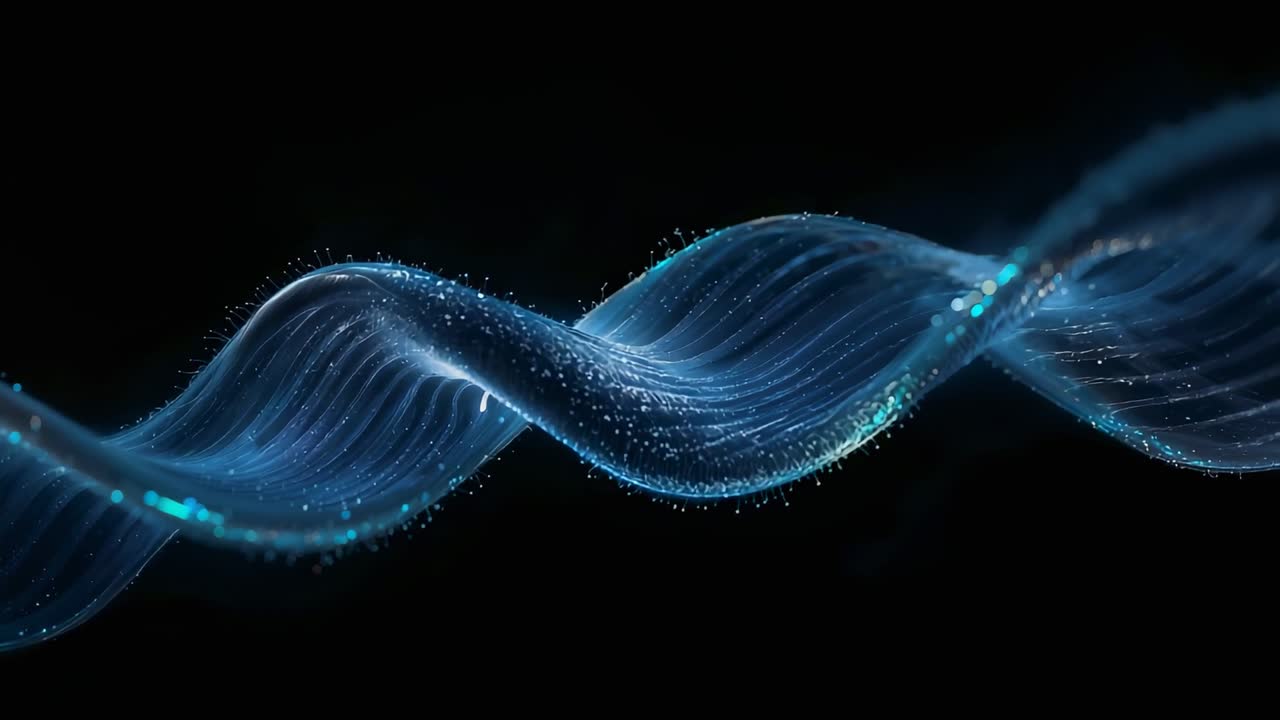 Looping glowing helix ribbon undulating in dark void, showing ribbed striations and cyan particles