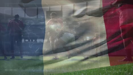 Animación-De-La-Bandera-De-Francia-Ondeando-Sobre-Jugadores-De-Rugby.