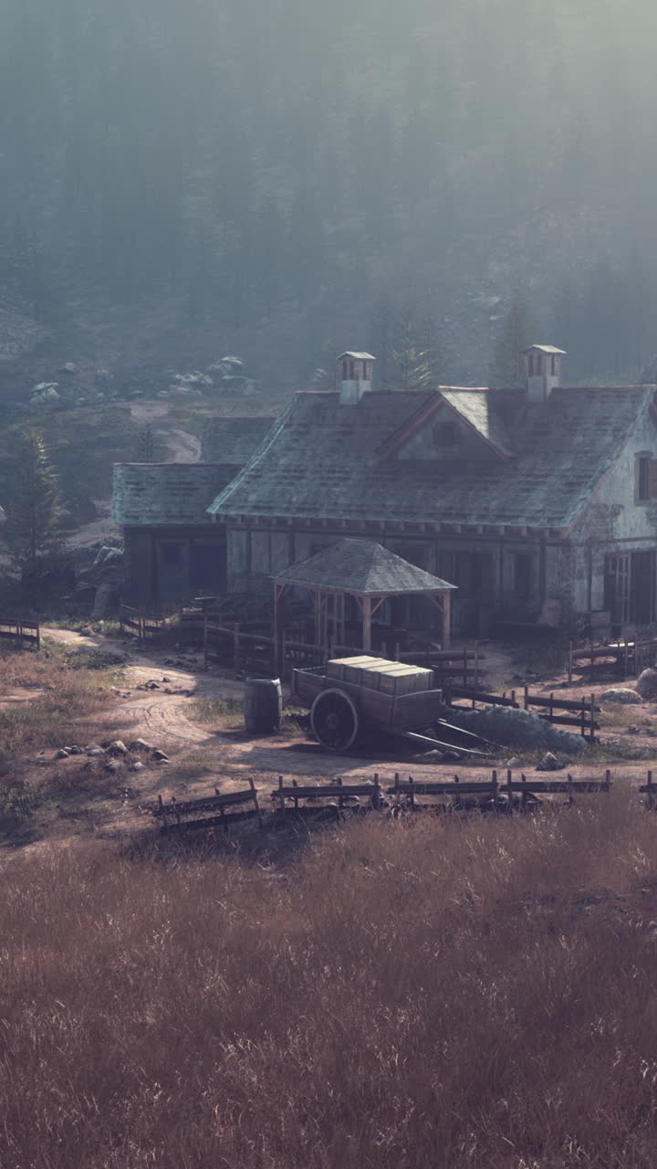 안개 에 있는 시골 농장