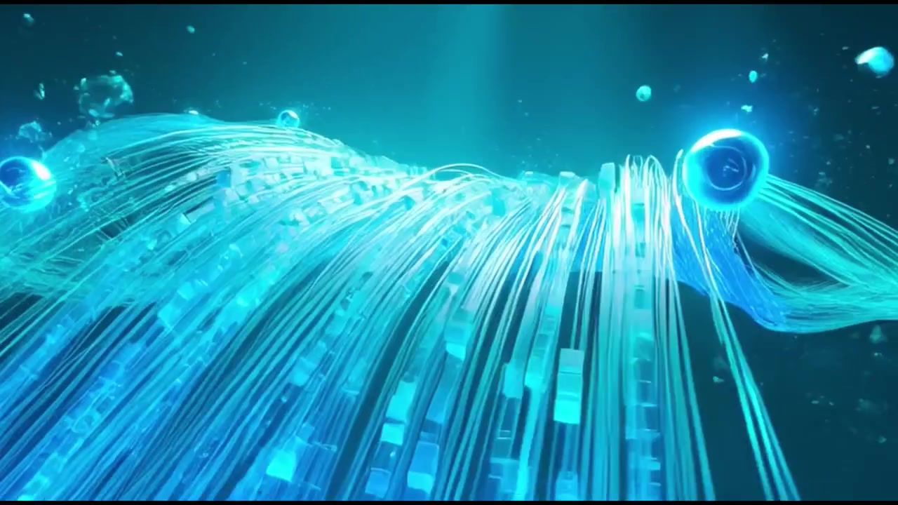 Abstrakt digital datastrøm med glødende blå partikler og fiberoptik