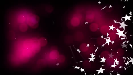 Multiple-stars-and-snowflakes-icons-floating-against-pink-bokeh-spots-of-light-on-black-background