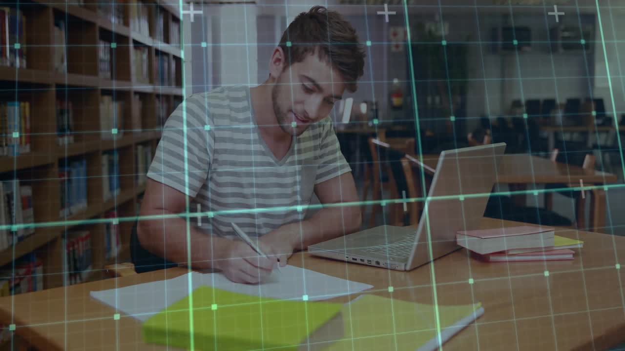 Student glancing at silver laptop and writing notes for education research with grid overlay