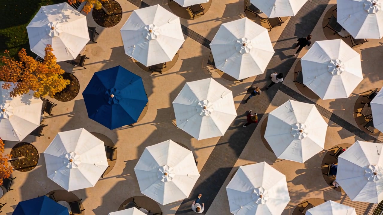 Un drone mostra una griglia di ombrelli, con due di colore blu scuro che rimangono immobili, mentre persone in cappotto attraversano la piazza.