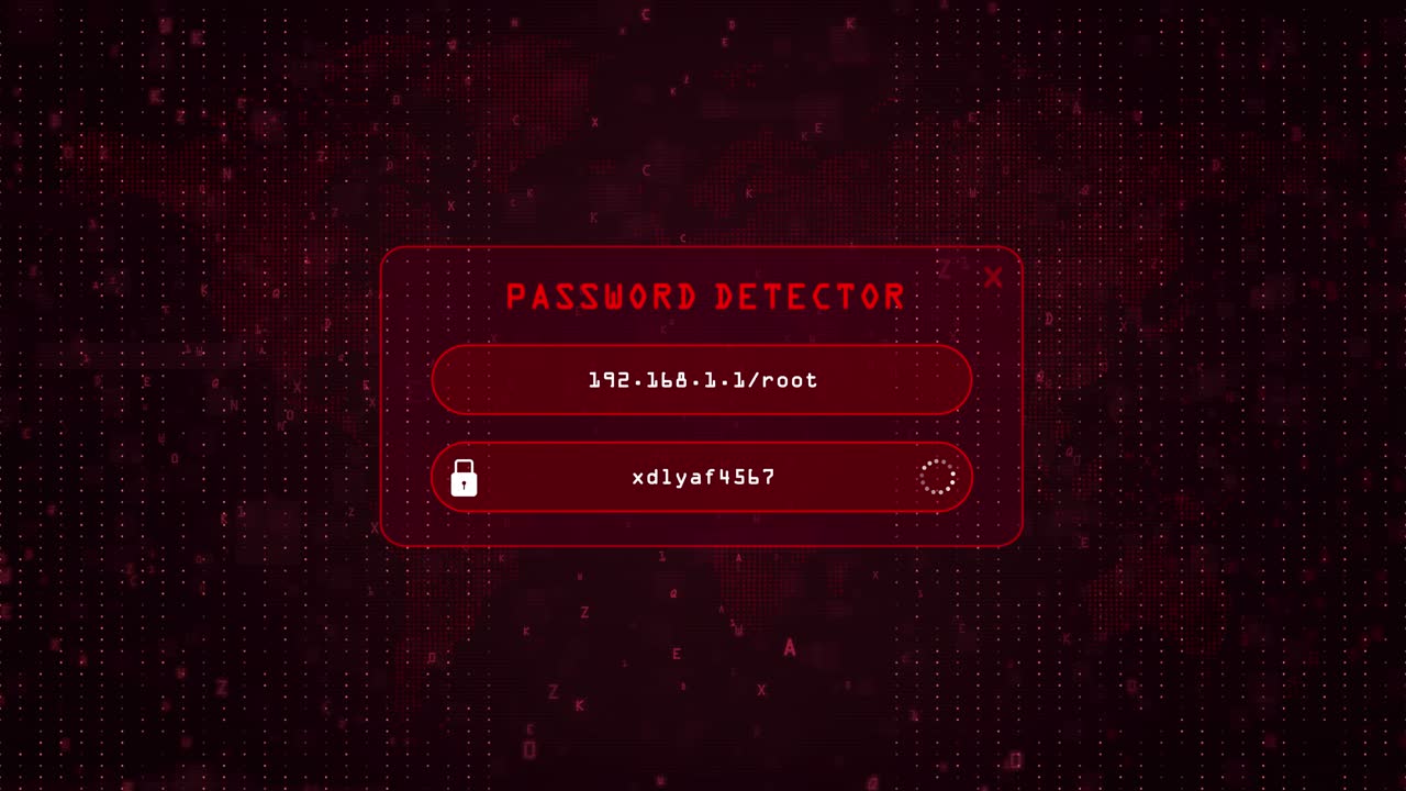 Password Detector Computer Password Hacking Concept over red binary background with digital world map. system password detector concept