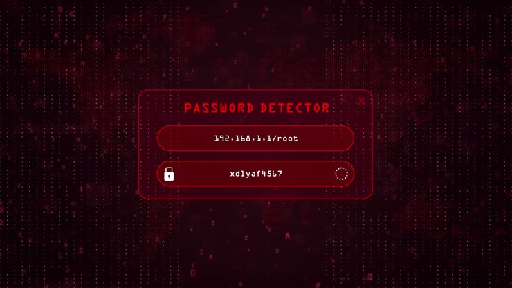 Password Detector Computer Password Hacking Concept over red binary background with digital world map. system password detector concept