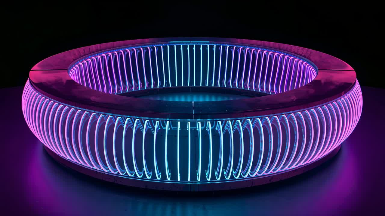 First frame starting torus pulsing LED ribs on studio platform, emphasizing cyan-magenta ribbing