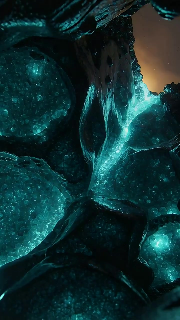 Vertical video: Glowing vein drawing camera through gap toward warm horizon showing teal crystals