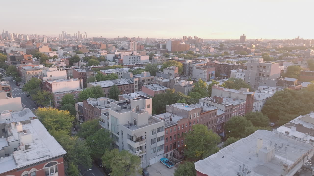 Aerial View of a Densely Populated Brooklyn Neighborhood at Sunset