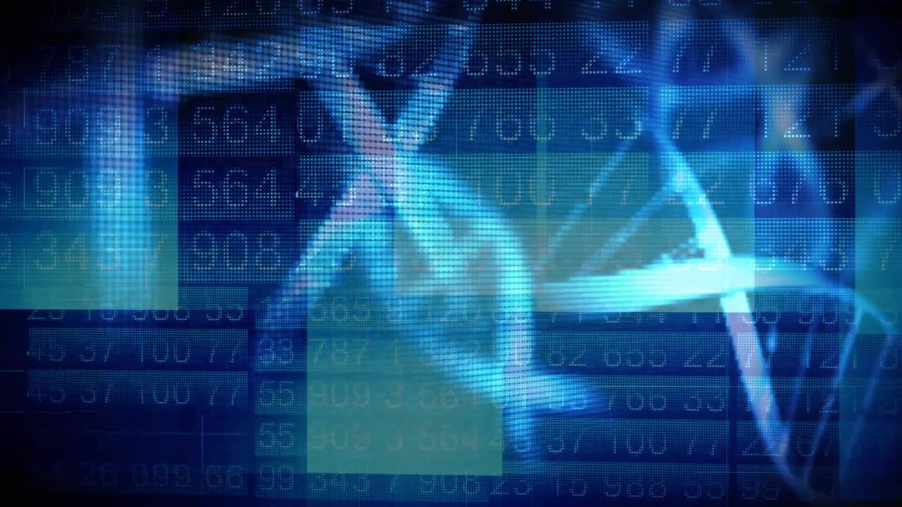 Animation of DNA strains spinning over numbers changing, data recording.
