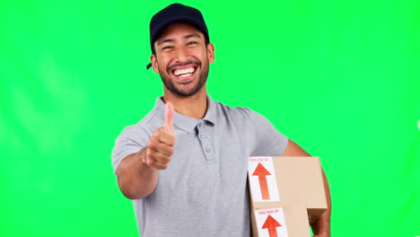 asian man, boxes and thumbs up on green screen