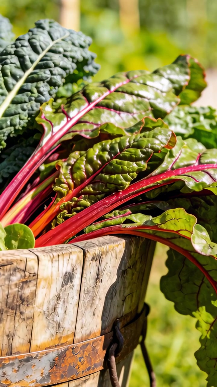 Vertical video: Showing chard filling barrel in garden breeze and camera moving to reveal red stems