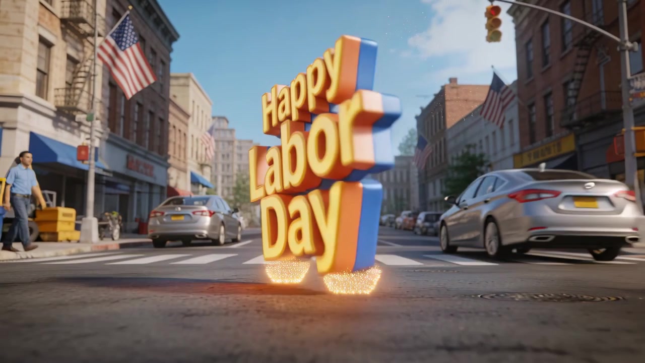 Animasjonen starter, en gullfarget «Happy Labor Day»-tittel stiger opp på et fotgjengerfelt i byen, og markerer høytiden blant biler.