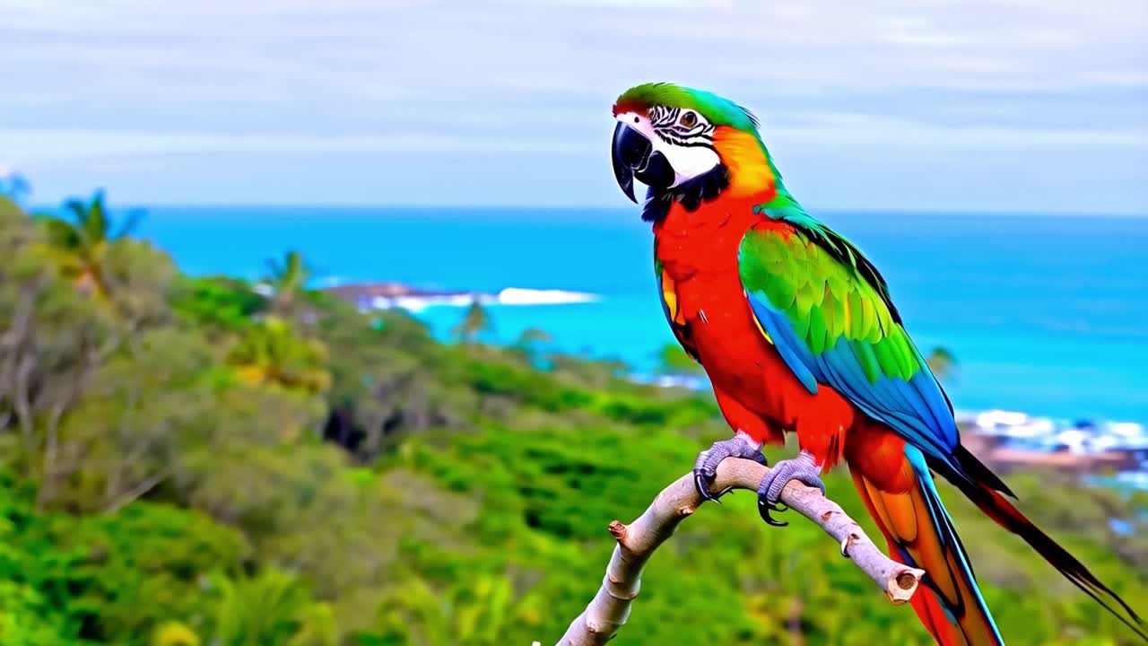 Colorful Macaw Parrot on a Tropical Branch Overlooking the Ocean