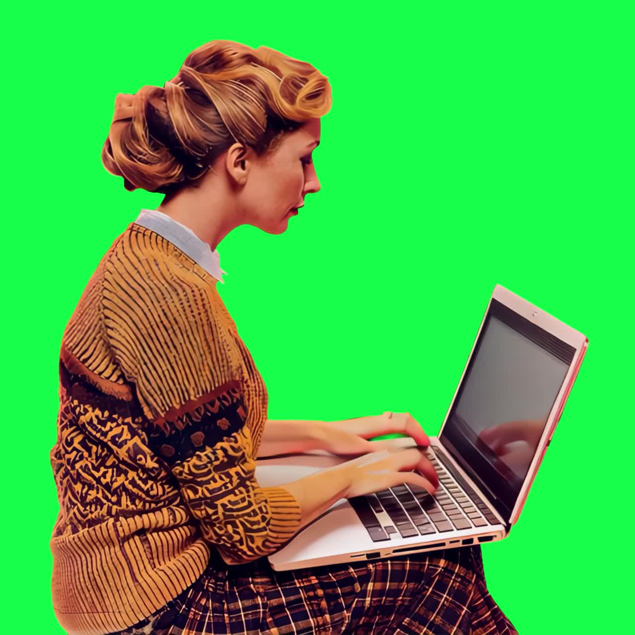 Woman typing laptop green animation, transparent 4K video, green screen