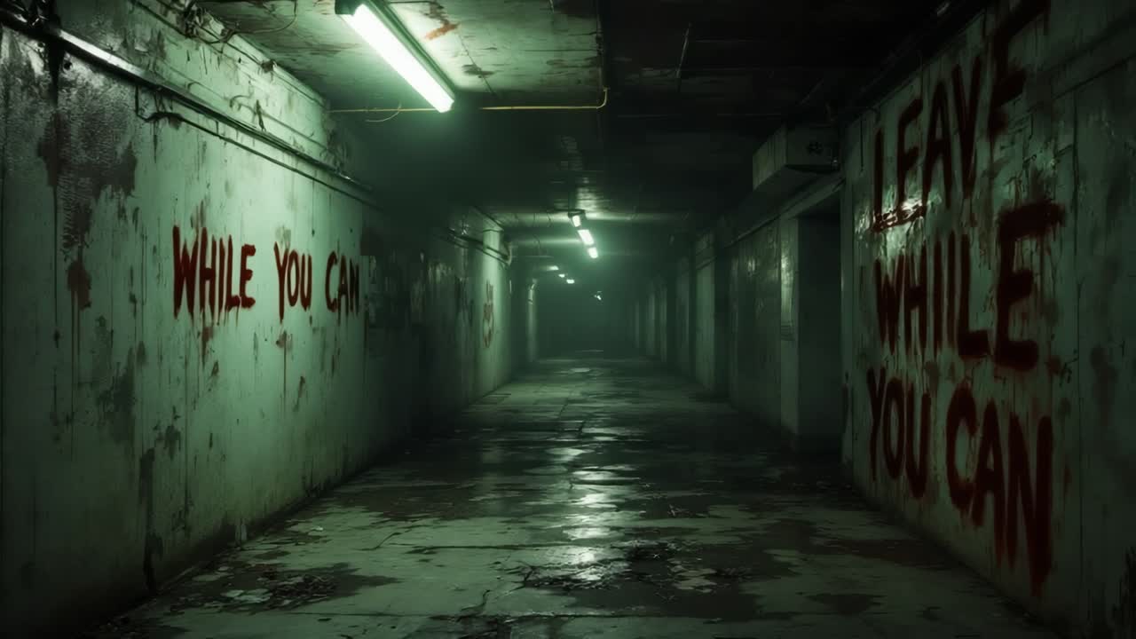 Eerie corridor with graffiti urging escape, illuminated by flickering fluorescent lights